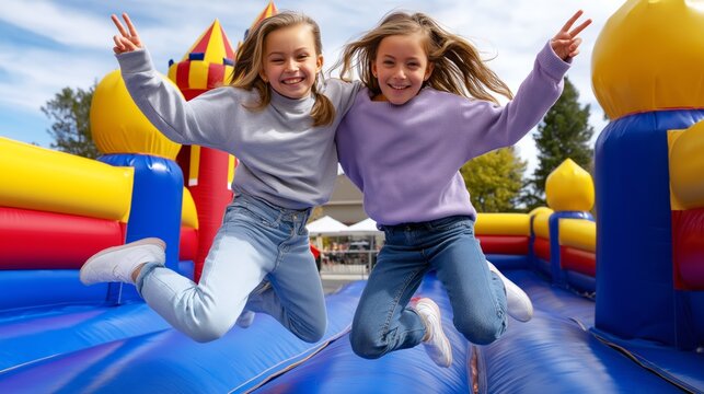 Two smiling girls jumping with joy in front of a bouncy castle on a sunny day. Smiling girls celebrate fun and enjoyment.