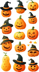 Naklejka premium Charming Pumpkin Faces Wearing Witch Hats Ready for a Spooky Halloween Celebration