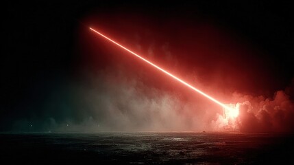 Energy beam striking horizon amidst fog and dark atmosphere