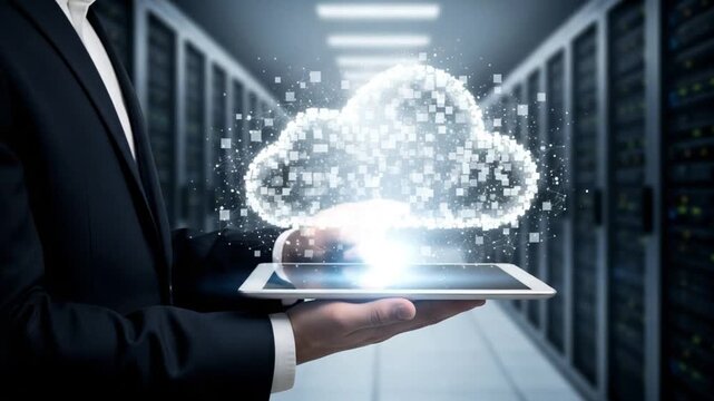 A man holding a tablet with a cloud formation above it in a server room environment indoors view
