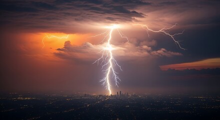 Dramatic Lightning Strike Over Cityscape at Night