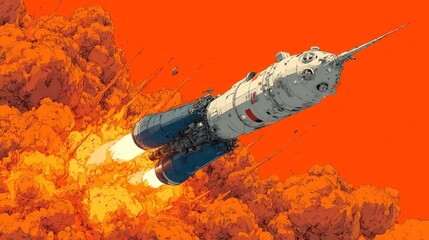 Rocket ascending through fiery explosion in the atmosphere.