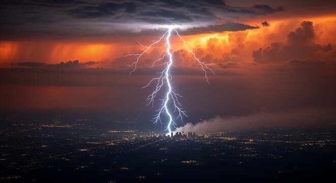 Dramatic Lightning Strike Over Cityscape at Night