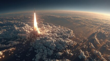 Rocket Ascending Above Clouds Into Atmosphere