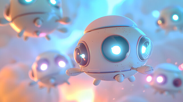 3d cartoon chibi space Drones swarming tiny robot