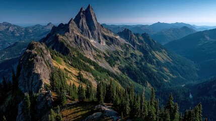 Rugged mountain peaks soar above a valley of trees under a blue sky.