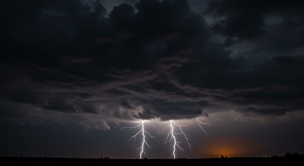 Dark Stormy Sky with Bright Lightning Bolts During Thunderstorm