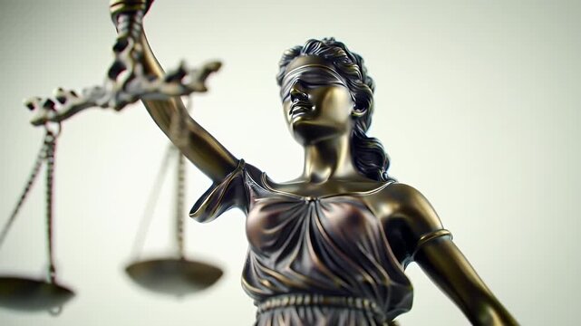 Detailed Bronze Lady Justice Statue Blindfolded Holding Scales Symbolizing Fairness and Law on Neutral Background