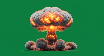 Explosive Nuclear Explosion Mushroom Cloud with Bright Flames and Smoke on Green Background