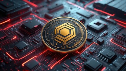 Golden Hexagonal Cryptocurrency Coin on a Motherboard with Pulsing Red Light
