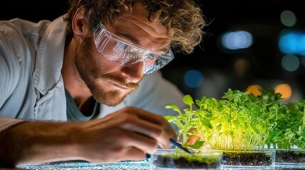 Scientist examining plants in laboratory setting