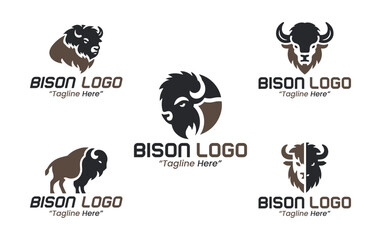 5 Bison Logo Set Brown and Black Color Modern Minimalist Animal Brand Design