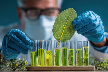 Researcher examines leaf & test tubes in lab, science experiment