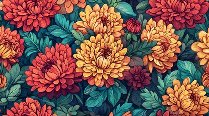 Seamless pattern with chrysanthemums. Stylish botanical background. Multicolored flowers, drawing by hand.