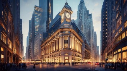 Naklejka premium Grand Neoclassical Clock Tower Illuminated on a Bustling City Corner at Twilight