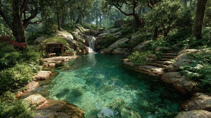 Tranquil stream flows into a serene pond in a lush forest landscape