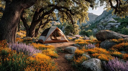 Tent set up under trees on a trail surrounded by colorful flowers in a mountainous location
