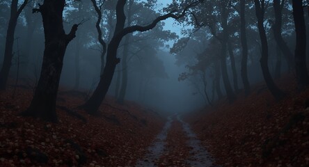 Enigmatic Forest Path Dark, Foggy Autumn Road Stock Photo
