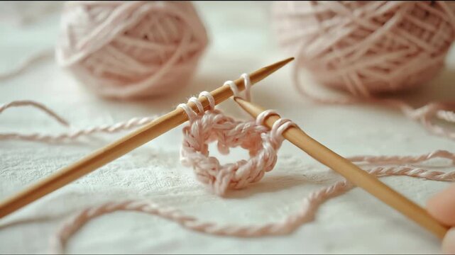 Gentle crafting motion, creating a small knitted structure with needles and delicate yarn