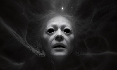 Ethereal Face Dark Art, Digital Painting, Spooky, Horror, Black and White, Surreal, Mysterious, 3D Render, Ghostly, Macabre