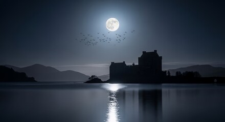 Ethereal Castle Silhouette at Night, Full Moon, Birds in Flight, Lake Reflection