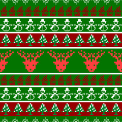 Pixelated Christmas scene with snowman gifts snowflakes and trees on a red backdrop