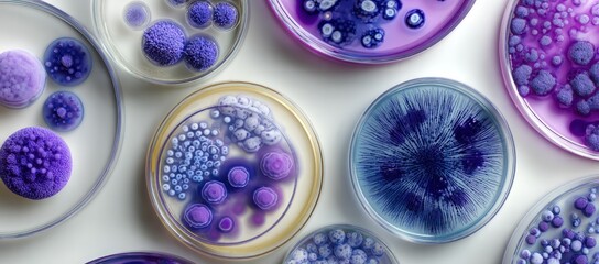 Microorganisms growing in petri dishes, showing colors and textures, top view