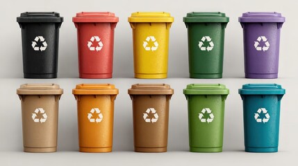 Colorful recycling bins arranged neatly against a plain background.