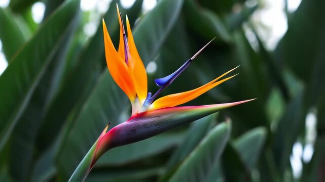 Close-up of a vibrant bird of paradise flower, vivid colors against a blurred background of lush green foliage