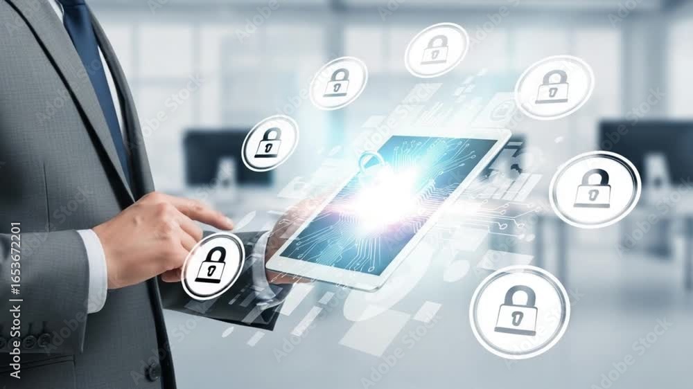 Poster man in suit uses tablet with digital lock overlay in bright office environment with computers