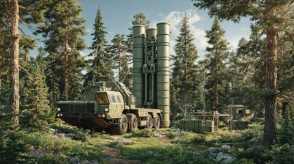 Anti-aircraft missile system deployed, surrounded by lush forest landscape.