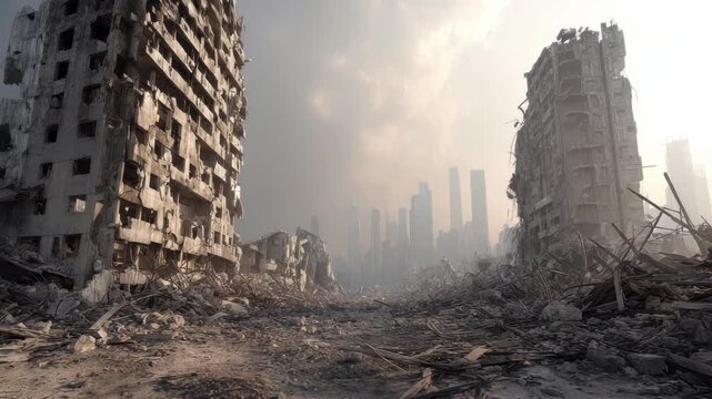 Devastation aftermath city ruins in apocalyptic scene with destroyed buildings and debris