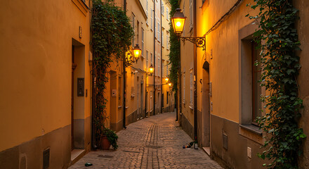 Fototapeta premium Charming cobblestone alleyway at dusk, illuminated by warm streetlights