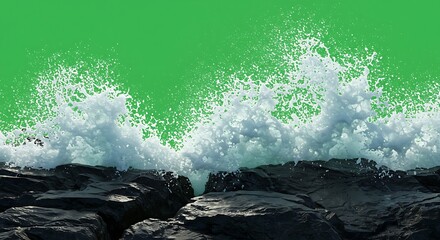 Abstract Water Splashing Waves Over Rocks with Green Background