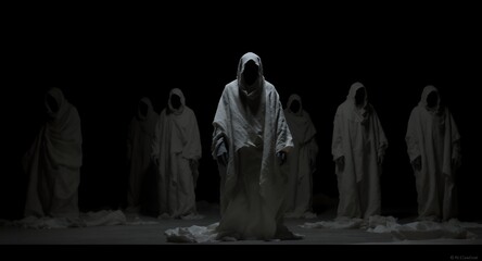 Hooded Figures in White Robes Dark and Mysterious Imagery