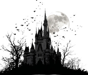 Majestic Castle Silhouette Against a Haunted Full Moon in Pixelated Art
