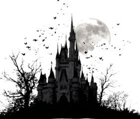 Majestic Castle Silhouette Against a Haunted Full Moon in Pixelated Art