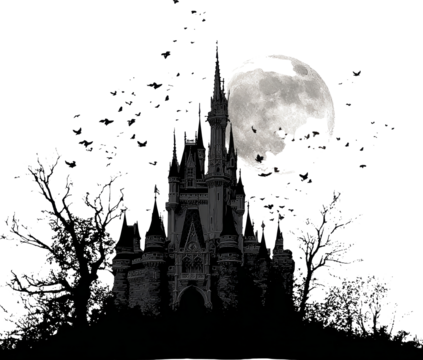 Majestic Castle Silhouette Against a Haunted Full Moon in Pixelated Art