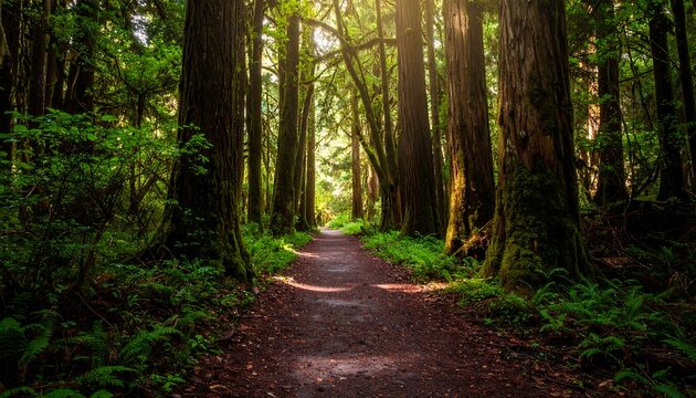 Sunlit path through a lush, mossy forest