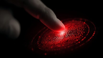 A human finger touching a glowing red fingerprint scan on a black background.