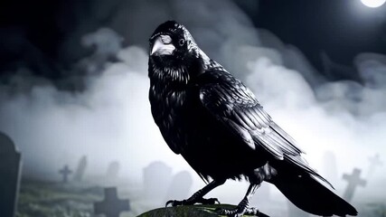 Eerie Black Raven Caws on a Mossy Gravestone in a Foggy Cemetery Under the Full Moon at Midnight - Powered by Adobe