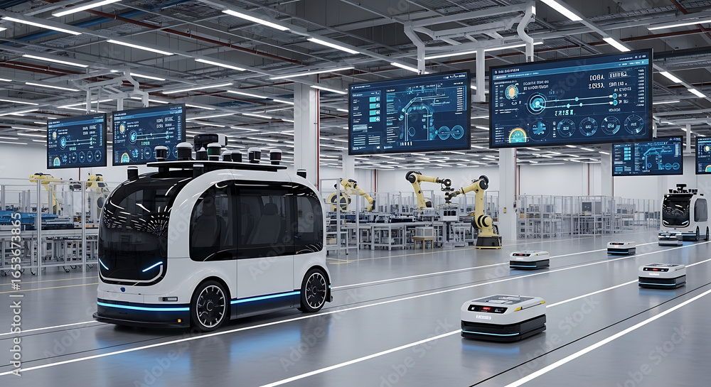 Aufkleber automated vehicles and robotic arms in a modern factory with display screens monitoring the process