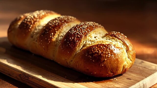 Golden baked challah bread glistening with sesame seeds on wooden platter