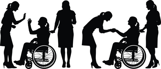 Silhouette of woman supporting disabled person in wheelchair, caregiver helping patient, healthcare assistance, medical support, compassion, rehabilitation, disability care, community