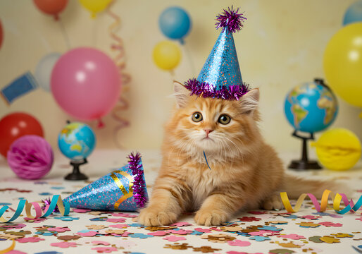 Ginger kitten party hat celebration - Powered by Adobe