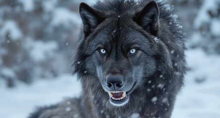 Naklejka premium Majestic Black Wolf in Winter Snowfall
