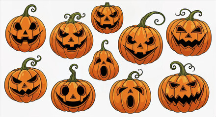 A collection of jack o lanterns with various expressions displayed in a cartoon style arrangement