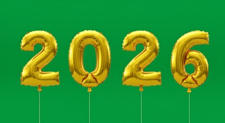 Golden Number 2026 Balloons on Green Background for New Year Celebration