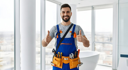 Confident Plumber Fixing Services, Giving Thumbs Up in Modern Home