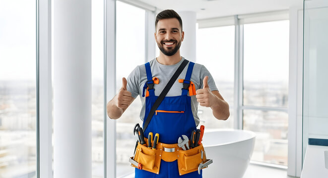 Confident Plumber Fixing Services, Giving Thumbs Up in Modern Home